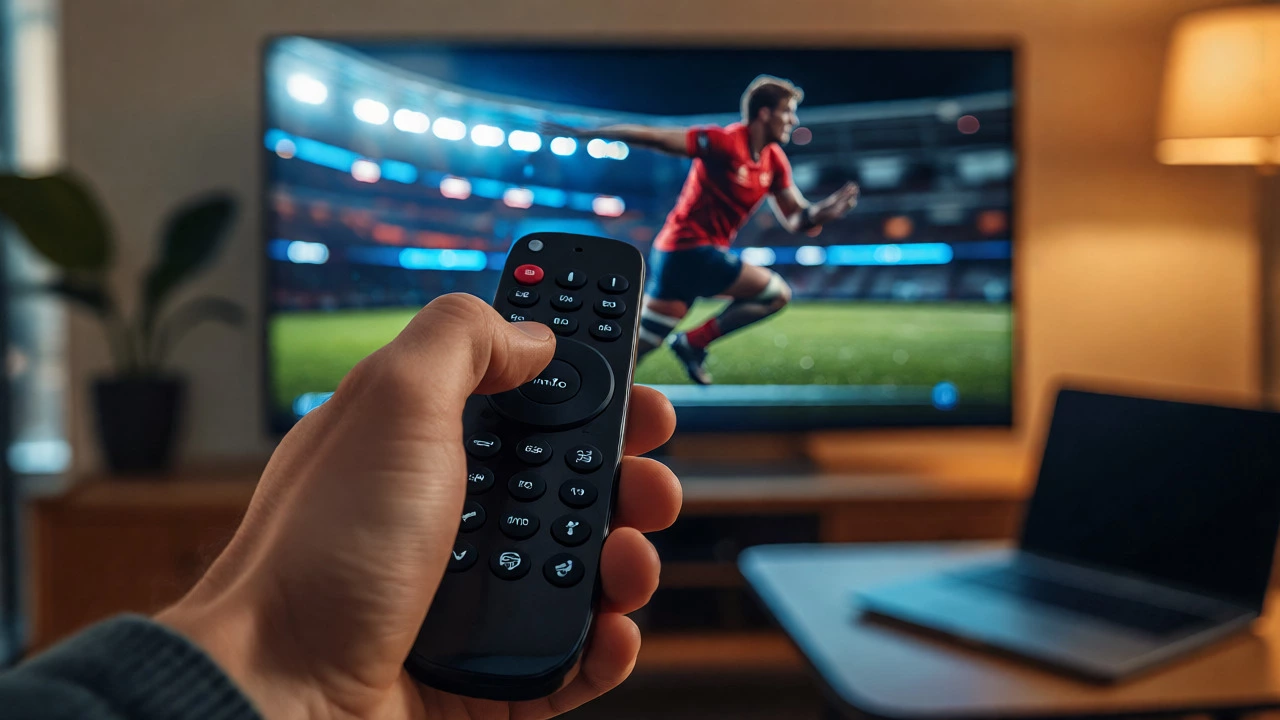Hand using remote to pause rugby highlight on smart TV