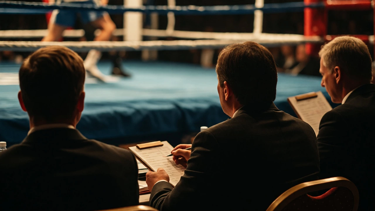Judges observing a boxing match from ringside seats