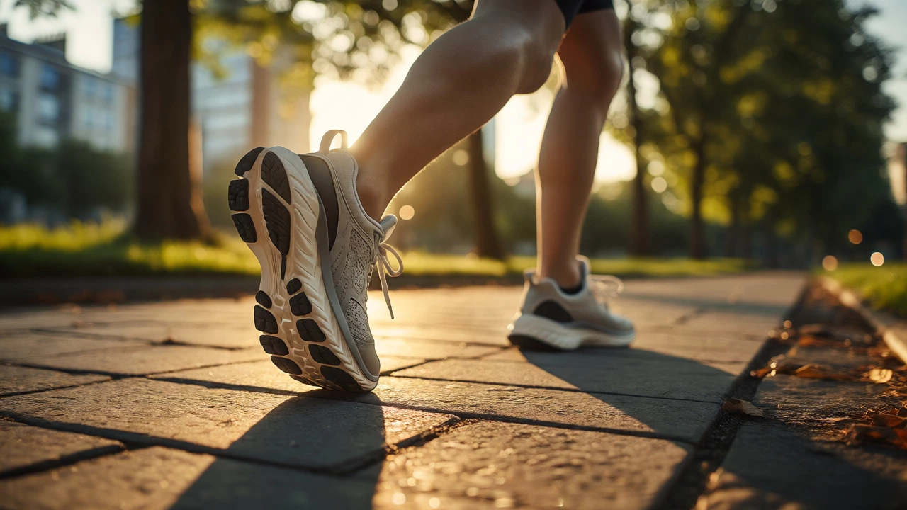 Novice runner jogging comfortably on a park path at sunset