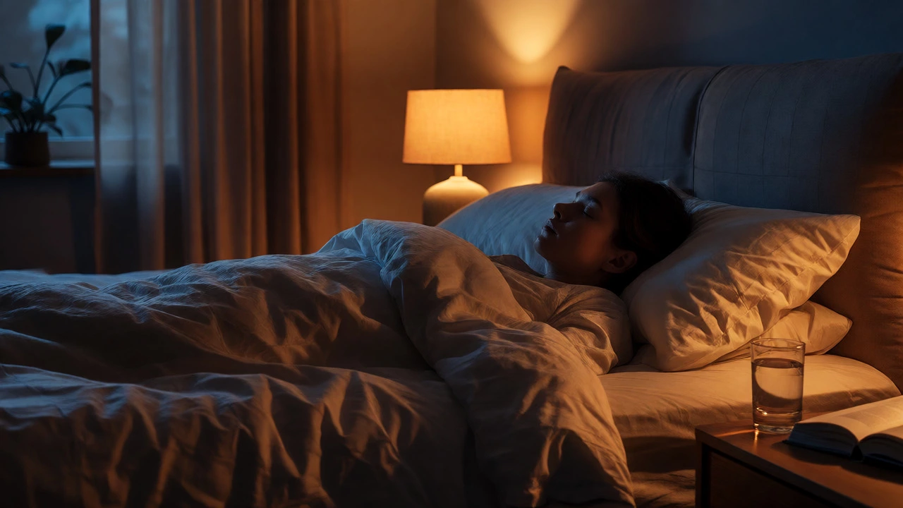 Peaceful sleeping person in a dimly lit, cozy bedroom