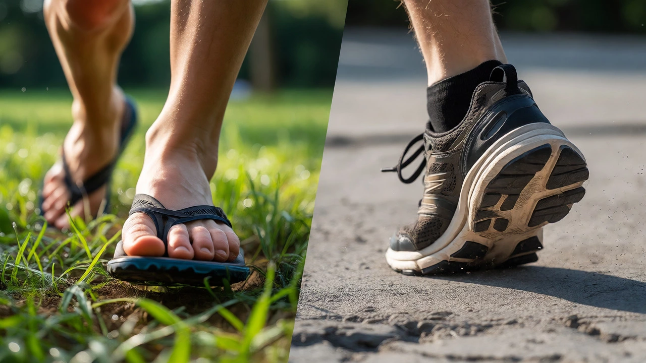 Runner's feet stepping on grass versus concrete pavement
