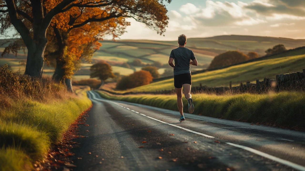 Runner on UK country road at sunrise