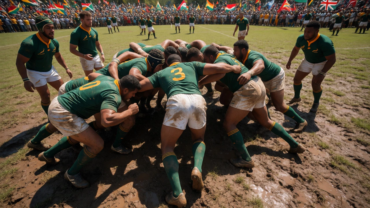 Springboks players engaged in a muddy scrum in South Africa