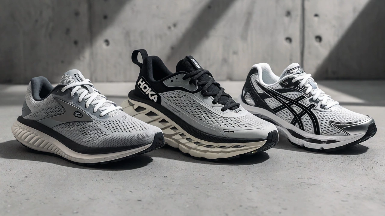 Three starter running shoes displayed showing different cushioning types