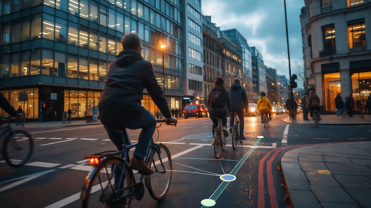 Urban cyclist navigating a city street at dusk with GPS tracking elements